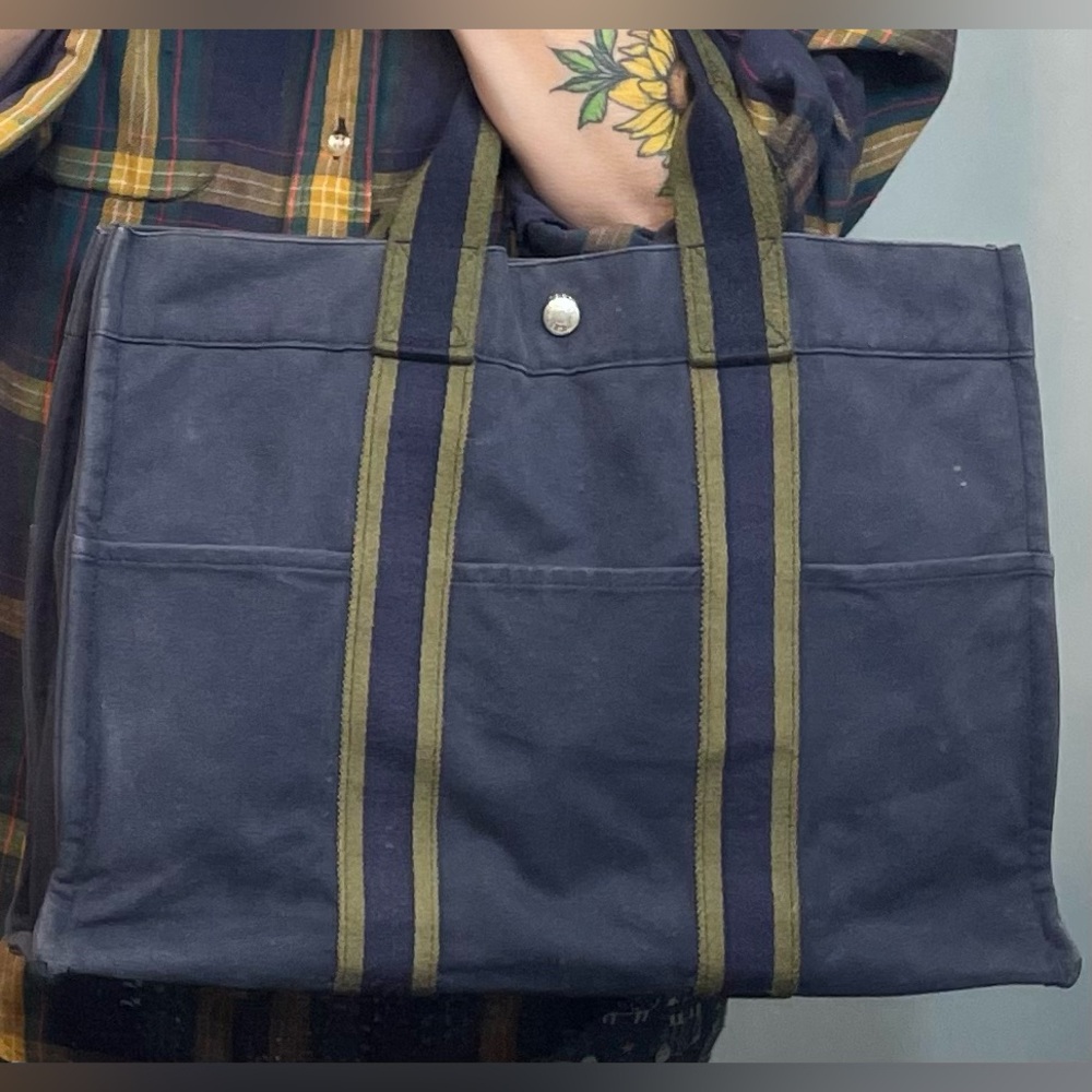 Hermes Authentic Vintage Navy Blue Canvas Tote with Olive Green Stripe